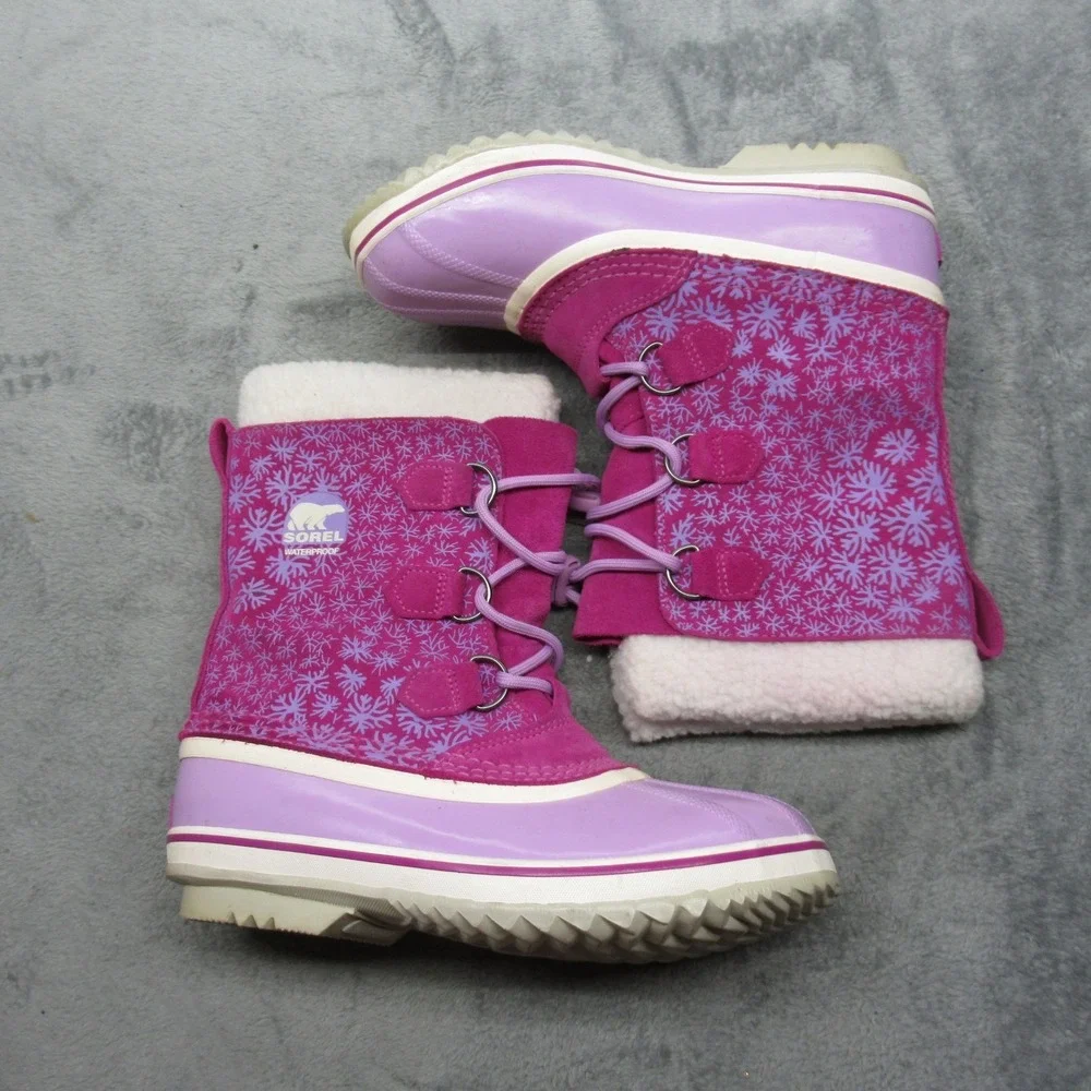 Sorel Snow Boots Youth 6 Purple Snowflake Lace Up Faux Fur Waterproof Winter